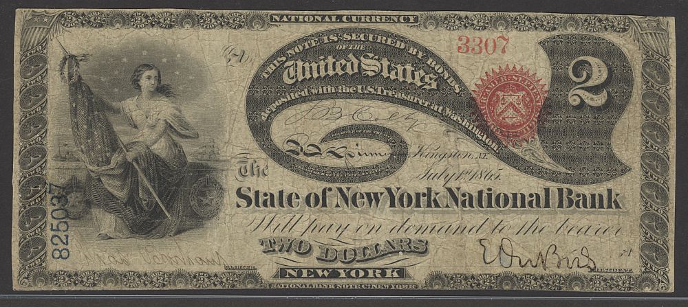 Kingston, NY, Original $2, Ch.#955, State of NY NB, 3307, Fine